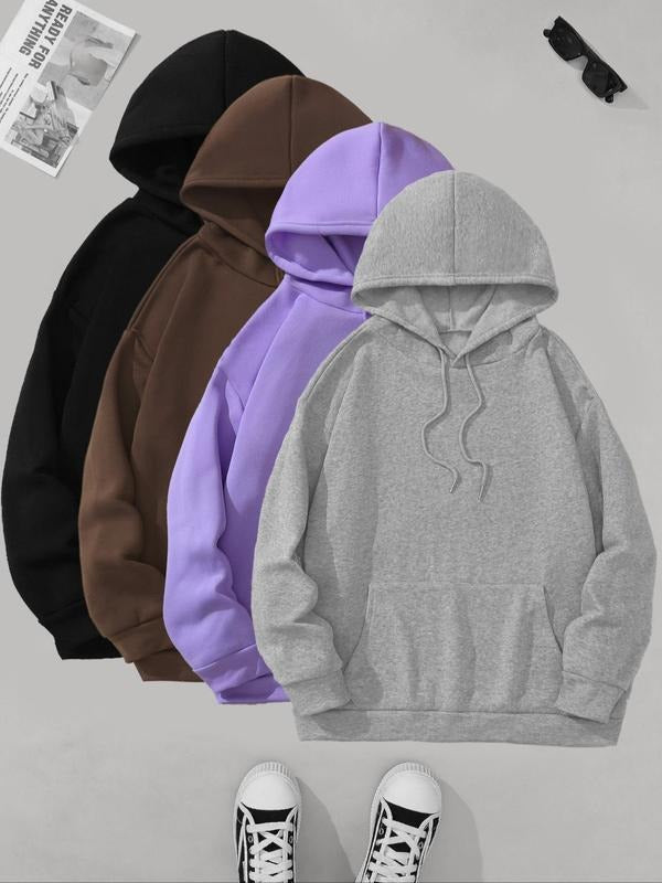 Women's Solid Color Drop Shoulder Drawstring Hoodie, Casual Long Sleeve Kangaroo Pocket Hooded Sweatshirt for Fall &...