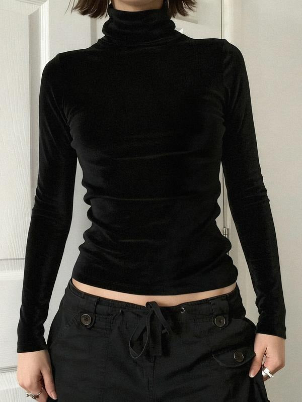Women's Solid Color High Neck Long Sleeve T-Shirt, Y2K Vintage Slim Fit Casual Base Layer Tee for Fall & Winter Fashion...