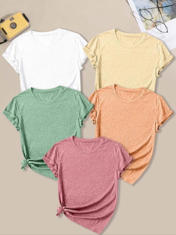 Women's Solid Color Round Neck Tee, Casual Short Sleeve Crew Neck T-Shirt for Summer, Fashion Women's Top for Daily Wear...