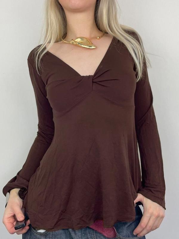 Women's Solid Color V Neck Long Sleeve Twist Knot Top, Y2K Vintage A-Line Basic Fall Winter Casual Layering Shirt, Casual...
