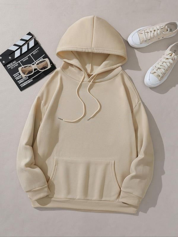 Women's Solid Drawstring Drop Shoulder Hoodie, Casual Long Sleeve Kangaroo Pocket Hooded Sweatshirt for Fall & Winter,...