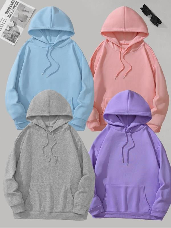 Women's Solid Drop Shoulder Drawstring Hoodie, Casual Long Sleeve Kangaroo Pocket Hooded Sweatshirt for Fall & Winter,...