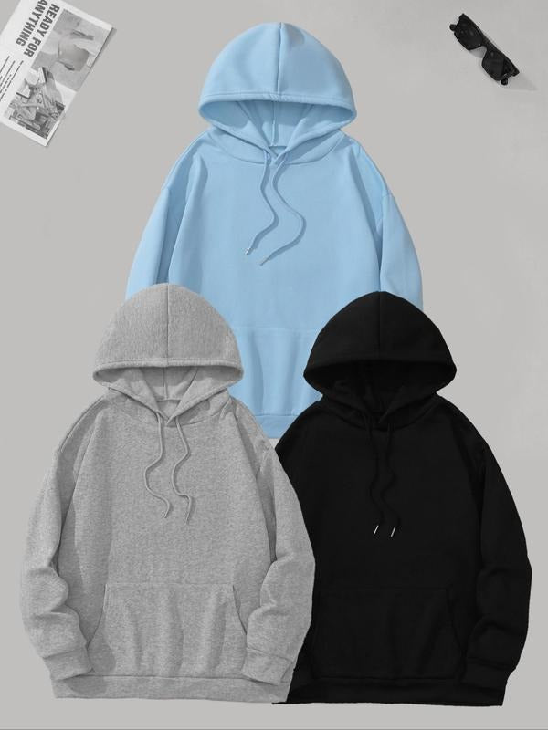Women's Solid Drop Shoulder Drawstring Hoodie, Casual Long Sleeve Kangaroo Pocket Hooded Sweatshirt for Fall & Winter,...