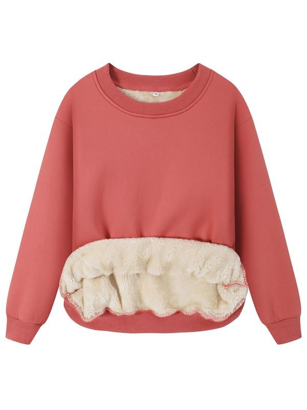 Women's Solid Drop Shoulder Fuzzy Sweatshirt, Casual Long Sleeve Round Neck Pullover, Women's Warm Fall & Winter Clothes...