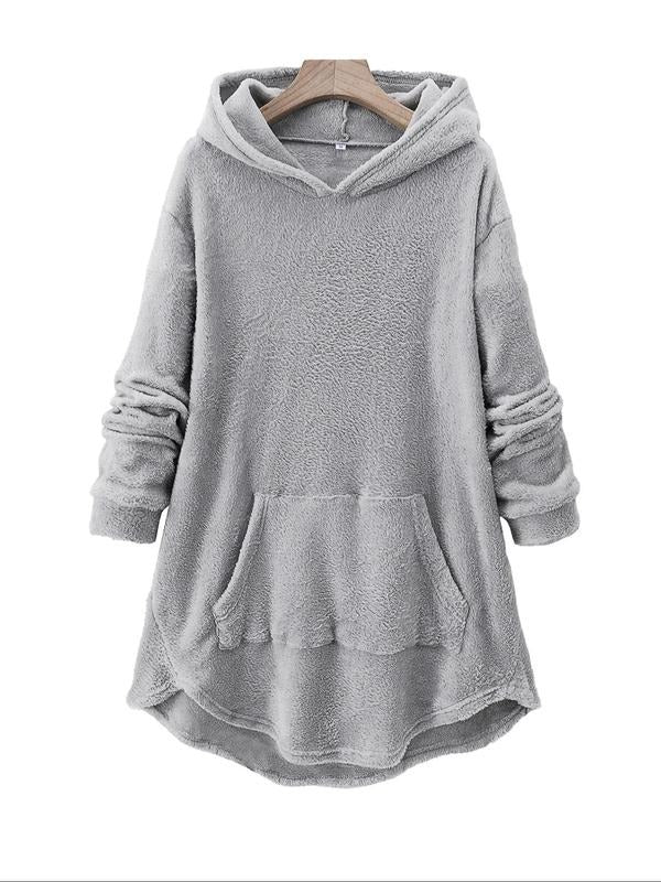 Women's Solid Drop Shoulder Pocket Plush Hoodie, Casual Long Sleeve Hooded Sweatshirt for Fall & Winter, Women's Clothes...