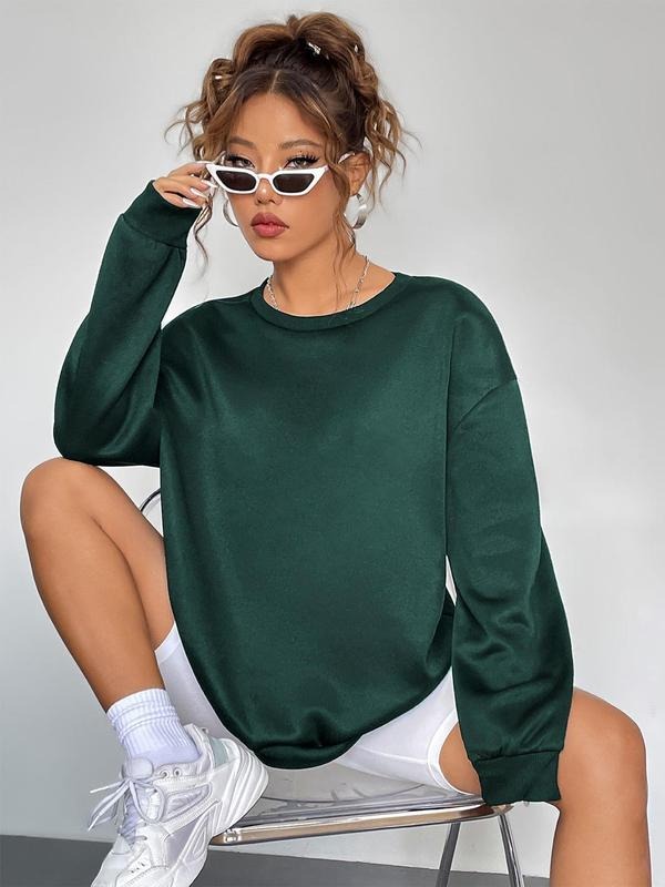 Women's Solid Drop Shoulder Pullover, Casual Long Sleeve Round Neck Sweatshirt for Fall & Winter, Women's Clothes for...