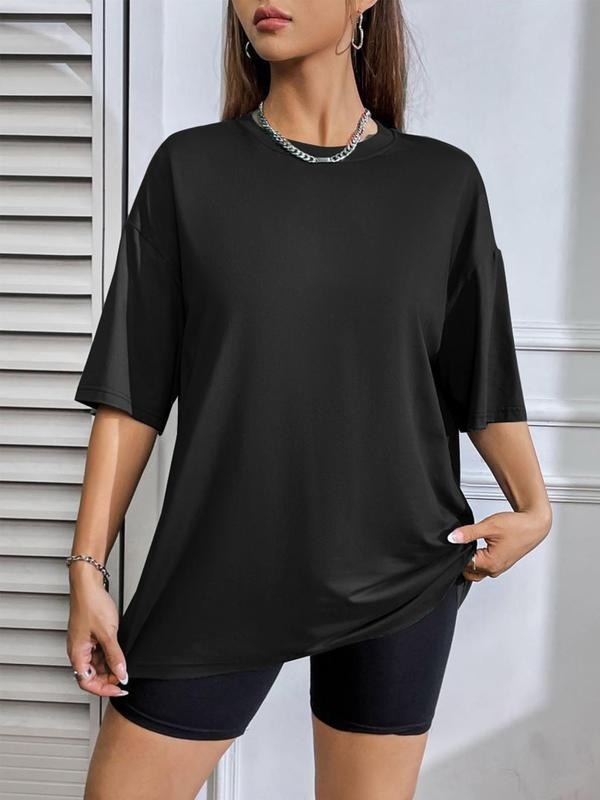 Women's Solid Drop Shoulder Pyjama Set, Casual Round Neck T-Shirt & Trousers PJ Set, Lady's Sleepwear for Indoor Wear,...