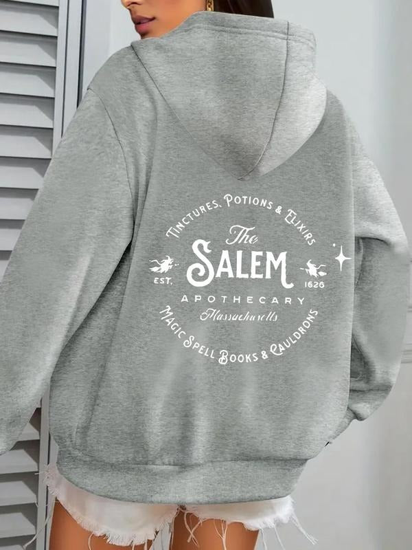 Women's Solid Letter Print Drop Shoulder Drawstring Hoodie, Fashion Casual Long Sleeve Pocket Hooded Sweatshirt for Daily...