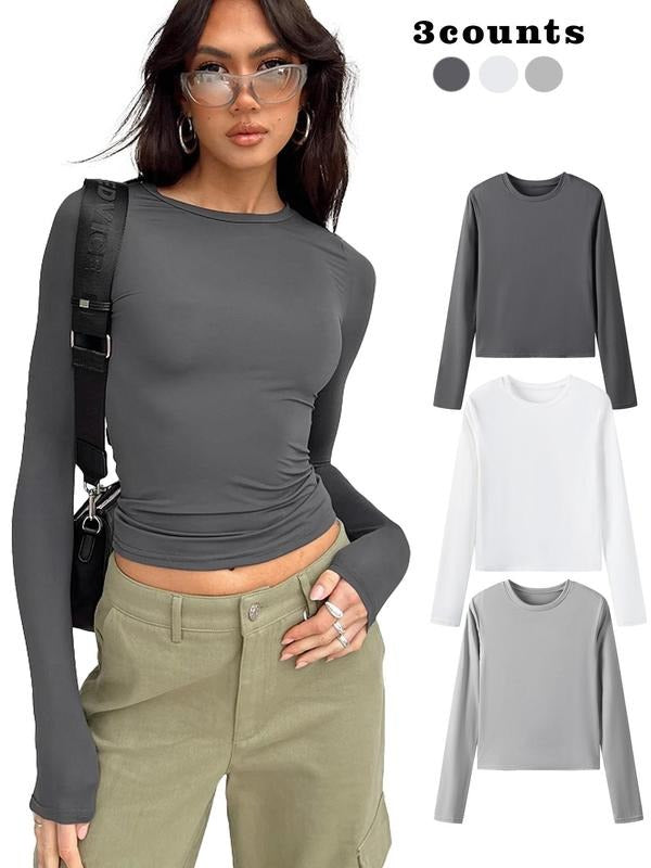 Women's Solid Long Sleeve Tee, Casual Basic Round Neck T-shirt for Fall, Women's Top for Daily Wear Hoodie, Sweatshirt