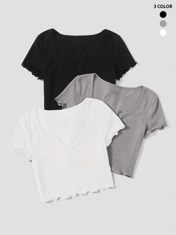 Women's Solid Ribbed   Tee, Casual Short Sleeve T-shirt for Summer, Ladies Clothes for Daily Wear Hoodie, Sweatshirt