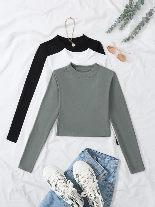 Women's Solid Ribbed Tee, Casual Long Sleeve T-shirt for Daily Wear, Ladies Clothes for All Seasons Hoodie, Sweatshirt