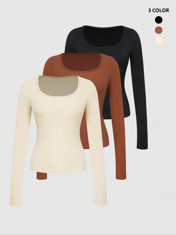 Women's Solid Ribbed Tee, Casual Long Sleeve T-shirt for Daily Wear, Ladies Clothes for All Seasons, Top style 02 Hoodie,...