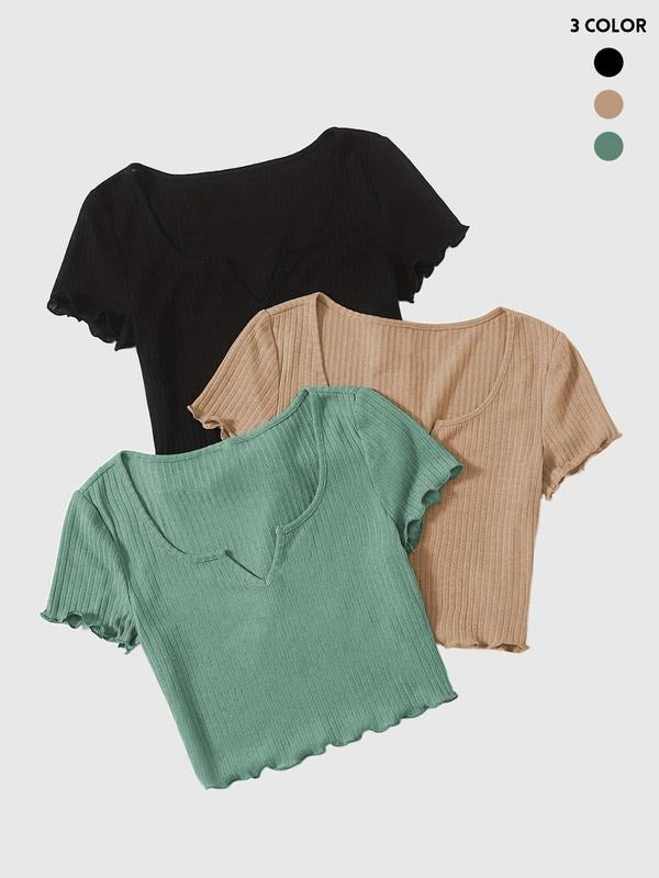 Women's Solid Ribbed Tee, Casual Short Sleeve T-shirt for Summer, Ladies Clothes for Daily Wear style 02 Hoodie, Sweatshirt