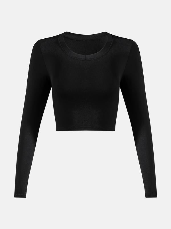 Women's Solid Round Neck Long Sleeve Crop Tee, Casual Crew Neck Cropped T-shirt for Spring & Fall, Women's Top for Daily...