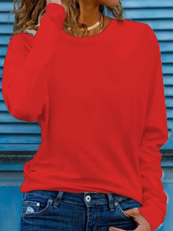 Women's Solid Round Neck Long Sleeve Tee, Casual Basic Crew Neck T-Shirt for Spring & Fall, Women's Top for Daily Wear...