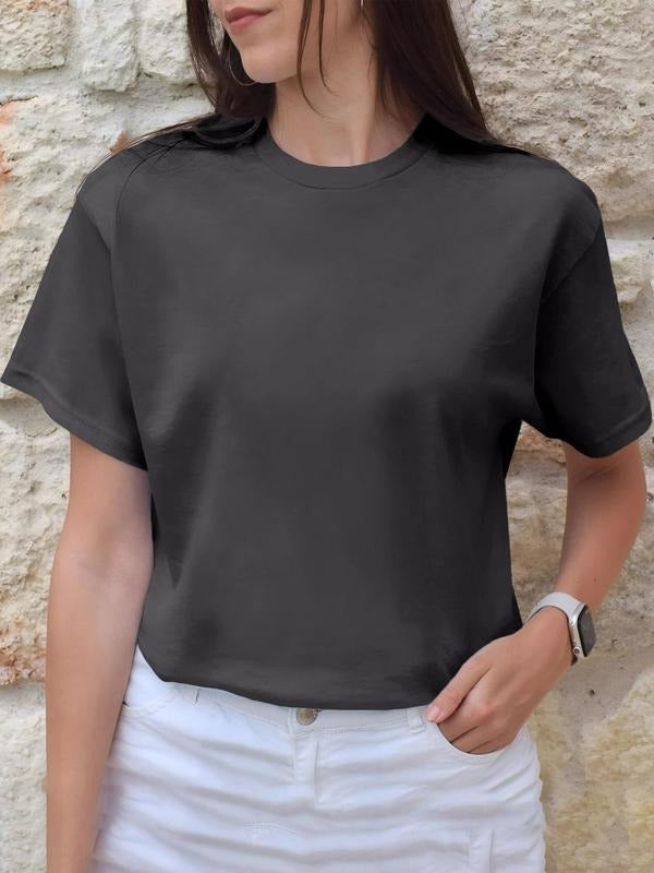 Women's Solid Round Neck Tee, Basic Casual Short Sleeve Crew Neck T-Shirt for Spring & Fall, Fashion Women's Top for...