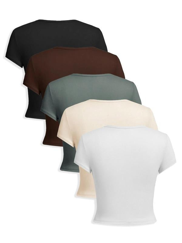 Women's Solid Round Neck Tee, Casual Short Sleeve Crew Neck T-Shirt for Daily Wear, Ladies Clothes for All Seasons...
