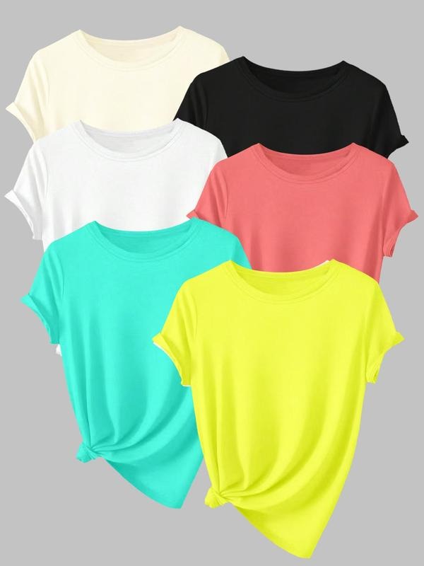 Women's Solid Round Neck Tee, Casual Short Sleeve Crew Neck T-shirt for Daily Wear, Ladies Clothes for Summerstyle{n002}4...