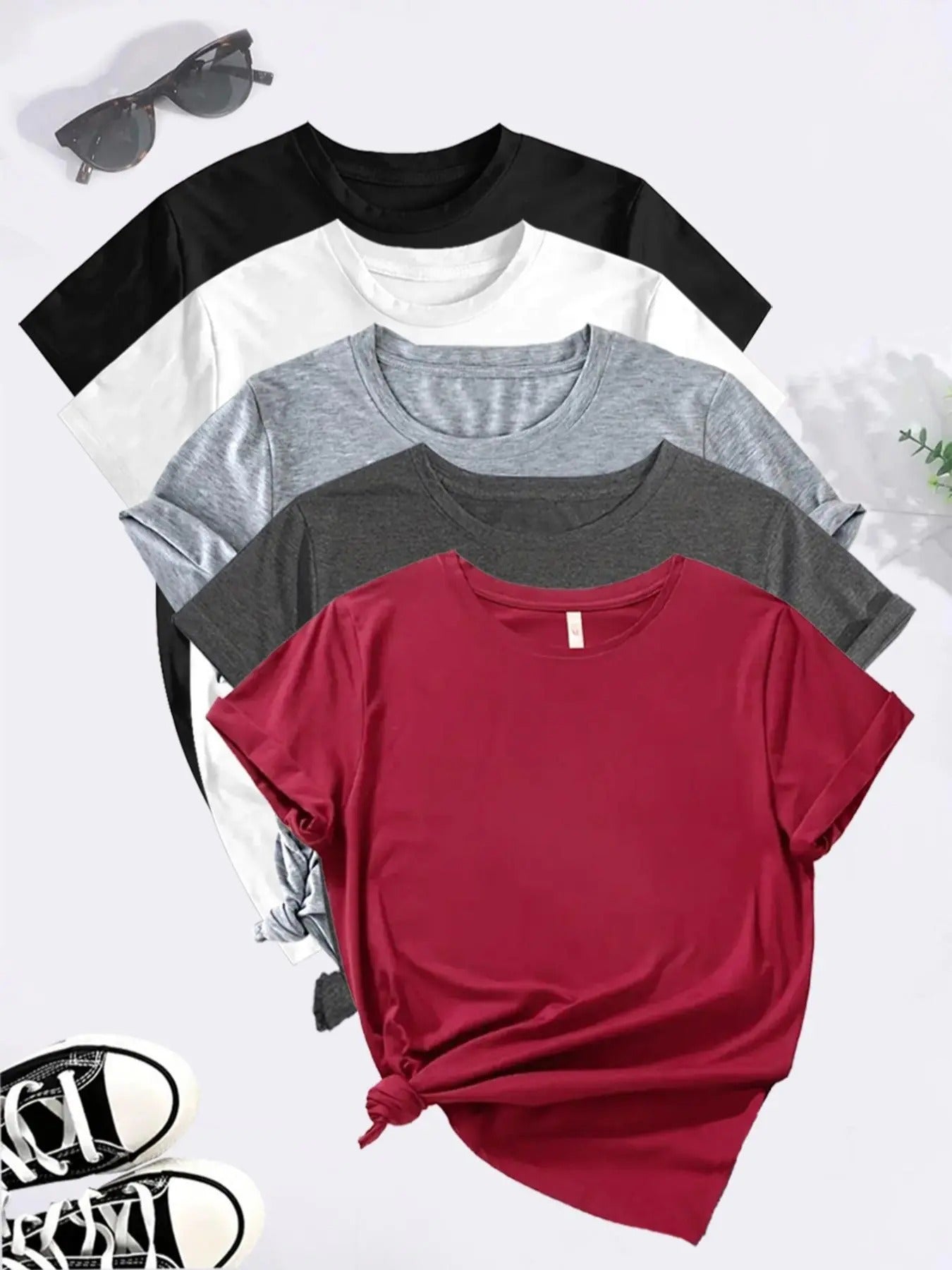 Women's Solid Round Neck Tee, Casual Short Sleeve Crew Neck T-shirt for Summer, Fashion Women's Top for Daily Wear style...