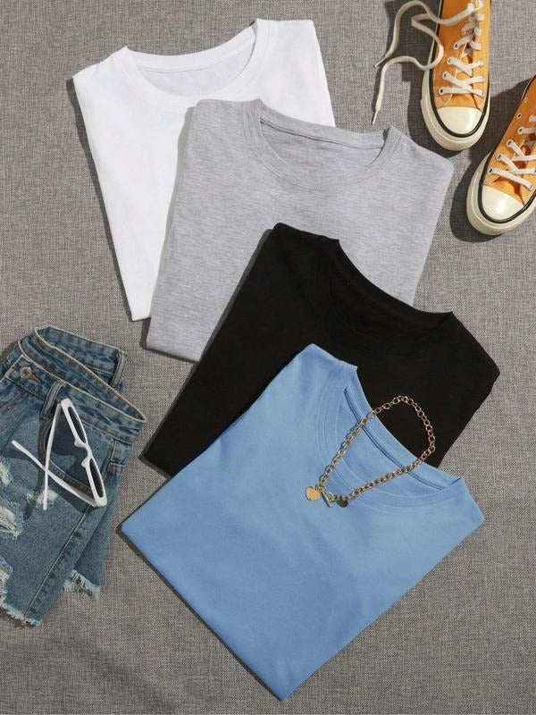 Women's Solid Round Neck Tee, Casual Short Sleeve Crew Neck T-shirt for Summer, Fashion Women's Top for Daily...