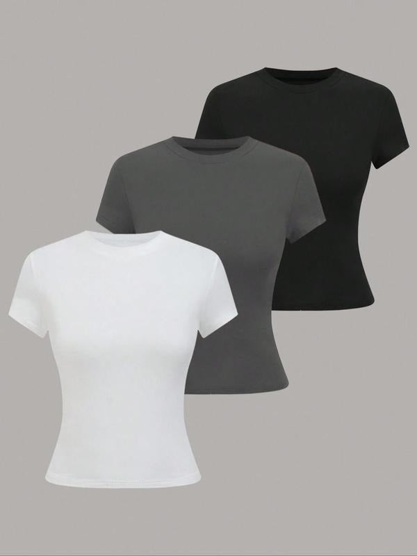 Solid Round Neck Casual Short Sleeve Crew Neck Summer Clothes Daily T-Shirts, Hoodie, Sweatshirt
