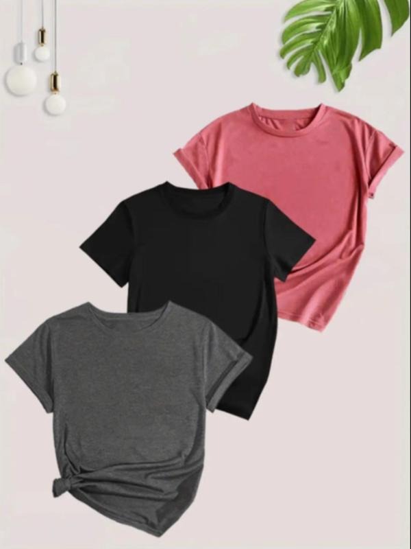 Women's Solid Round Neck Tee, Casual Short Sleeve Crew Neck T-shirt, Women's Top for Daily Wear Hoodie, Sweatshirt