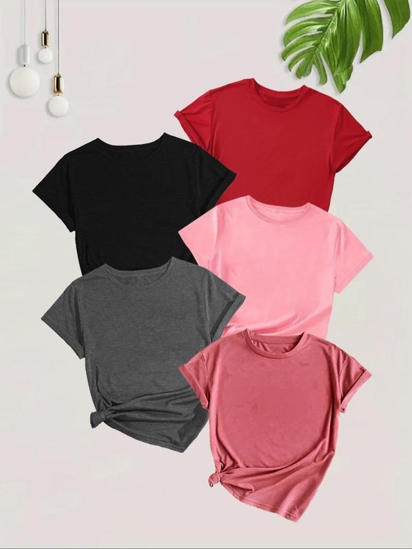 Women's Solid Round Neck Tee, Casual Short Sleeve Crew Neck T-shirt, Women's Top for Summer Daily Wear Hoodie, Sweatshirt