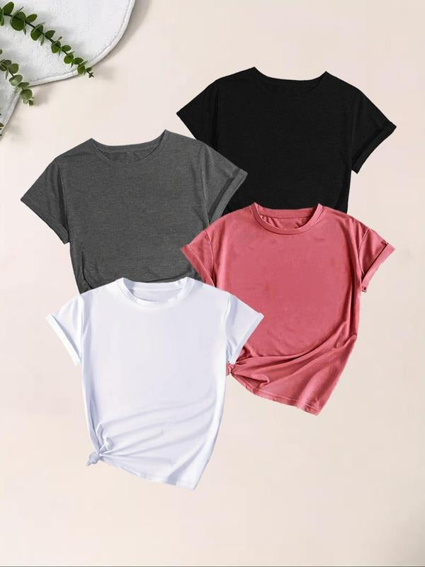 Women's Solid Round Neck Tee, Casual Short Sleeve T-shirt for Summer, Fashion Simple Women's Top for Daily Wear style 02...