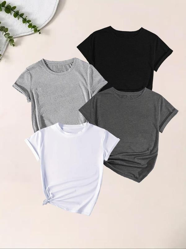 Women's Solid Round Neck Tee, Casual Short Sleeve T-shirt for Summer, Fashion Simple Women's Top for Daily Wear Hoodie,...