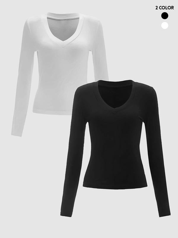 Women's Solid V Neck Long Sleeve Tee, Casual Basic T-shirt for Summer, Ladies Clothes for Daily Wear Hoodie, Sweatshirt