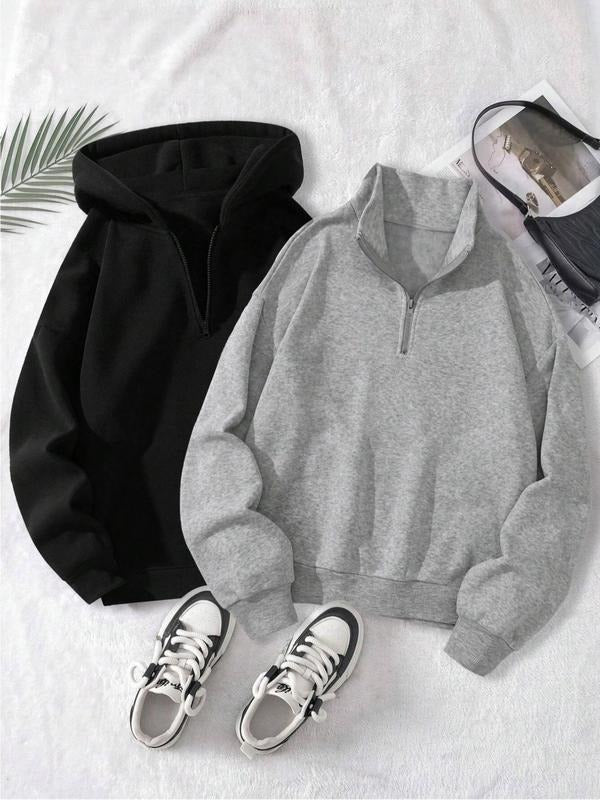 Women's Solid Zip Up Drop Shoulder Pullover Sweatshirt, Casual Long Sleeve Funnel Neck Sweatshirt for Fall & Winter,...