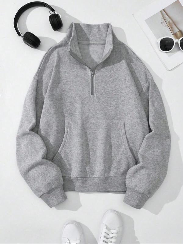 Women's Solid Zip Up Drop Shoulder Pullover, Casual Long Sleeve Stand Collar Sweatshirt for Fall & Winter, Women's...