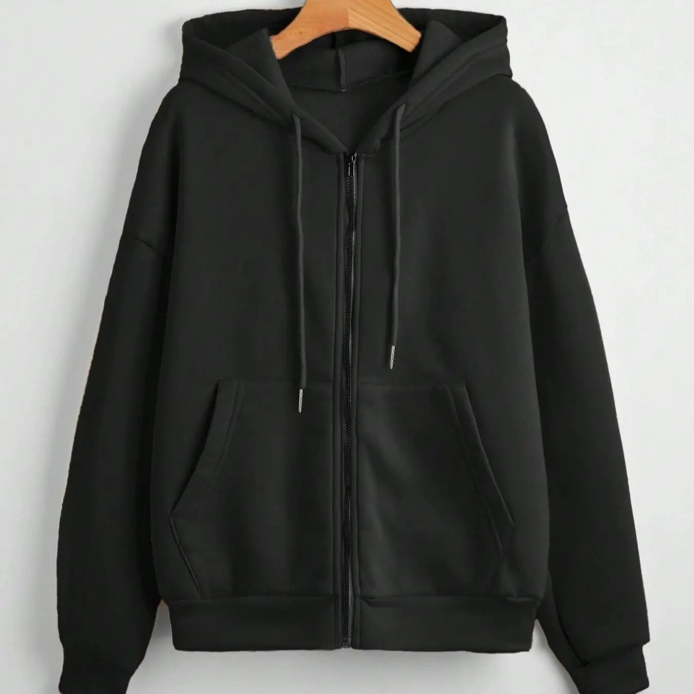Solid Zip Up Pocket Thermal Lined Casual Long Sleeve Drawstring Hooded Fall & Winter Clothes Daily T-Shirts, Hoodie, Sweatshirt