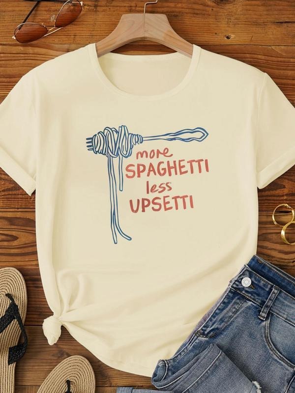 Women's Spaghetti Letter Print Round Neck Tee, Casual Short Sleeve Crew Neck T-shirt for Summer, Fashion Women's Top for...