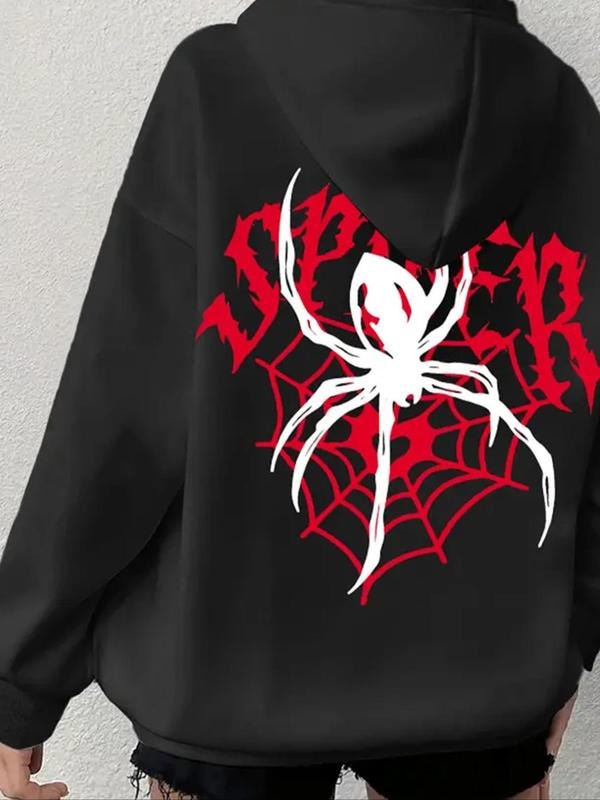 Women's Spider & Letter Print Drawstring Hoodie, Fashion Casual Hooded Sweatshirt For Daily Holiday Outdoor Wear, Women...