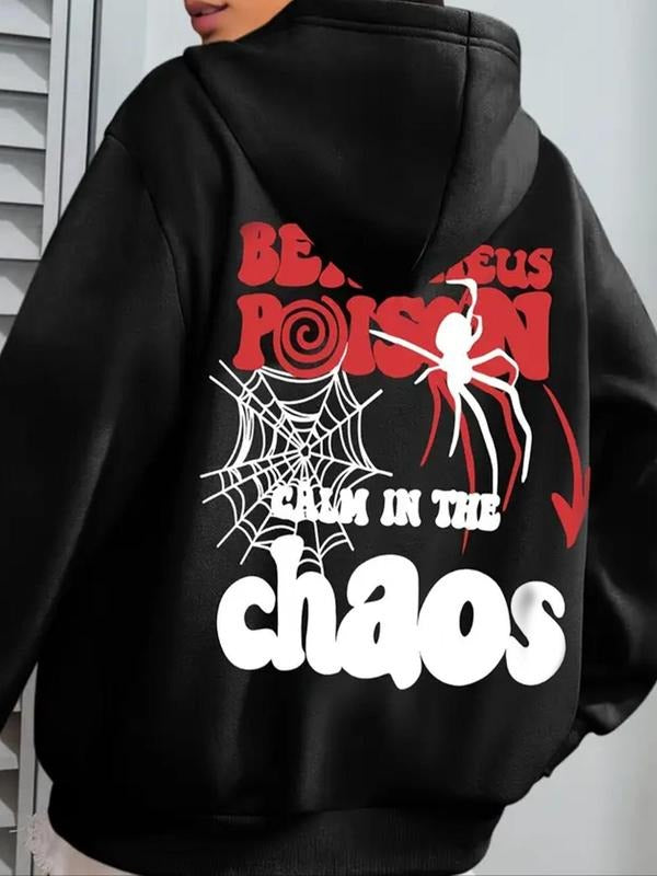 Women's Spider & Letter Print Drawstring Hoodie, Fashion Casual Hooded Sweatshirt for Daily Holiday Outdoor Wear, Women...