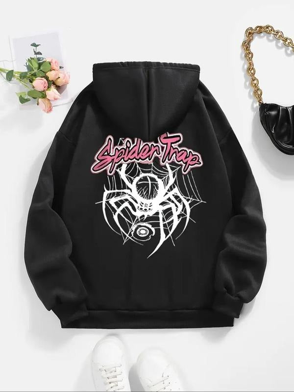 Women's Spider & Letter Print Drawstring Pocket Hoodie, Fashion Casual Long Sleeve Hooded Sweatshirt for Daily Holiday...