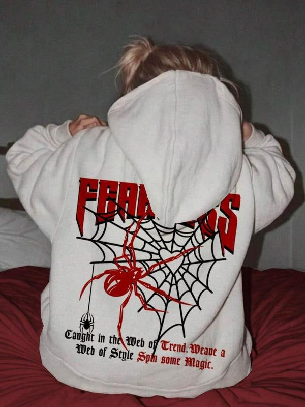 Women's Spider & Letter Print Drop Shoulder Zip Up Hoodie, Fashion Casual Drawstring Pocket Hooded Sweatshirt for Daily...