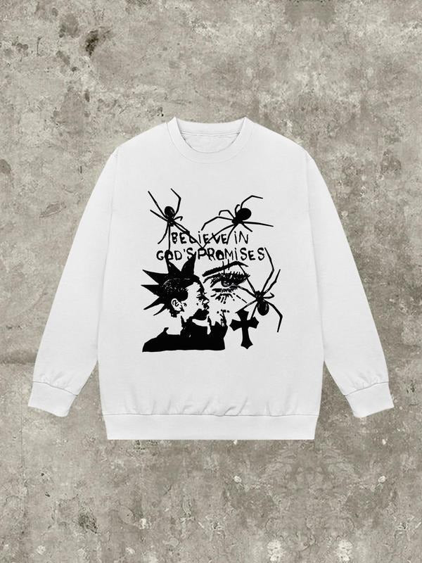 Women's Spider & Letter Print Round Neck Sweatshirt, Casual Long Sleeve Crew Neck Pullover for Fall & Winter, Fashion...