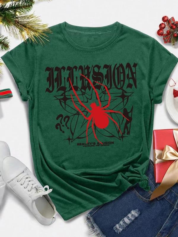 Women's Spider & Letter Print Round Neck Tee, Casual Short Sleeve Crew Neck T-shirt for All Seasons, Fashion Women's Top...