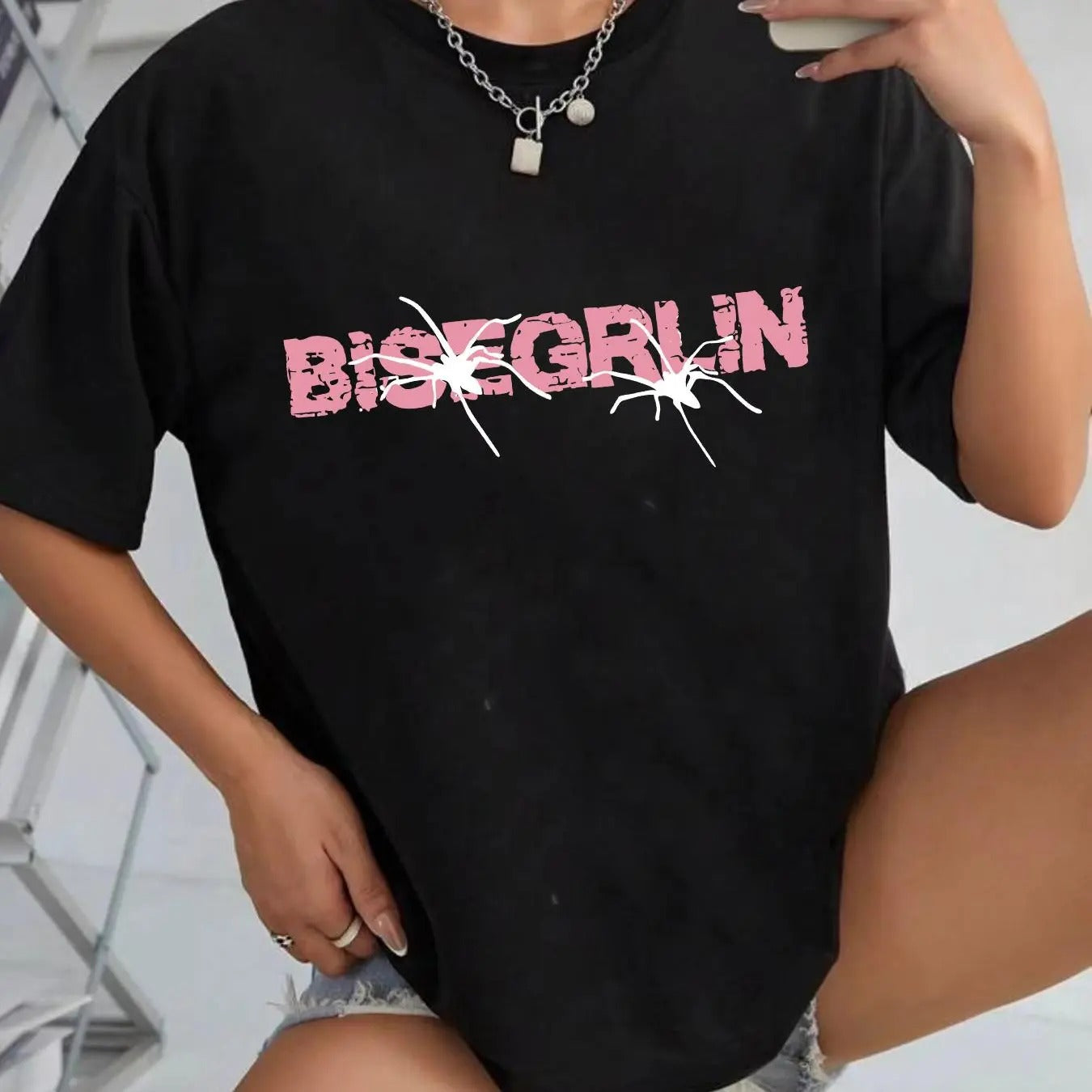 Women's Spider & Letter Print Round Neck Tee, Fashion Casual Drop Shoulder Short Sleeve T-shirt for Daily Wear, Ladies...