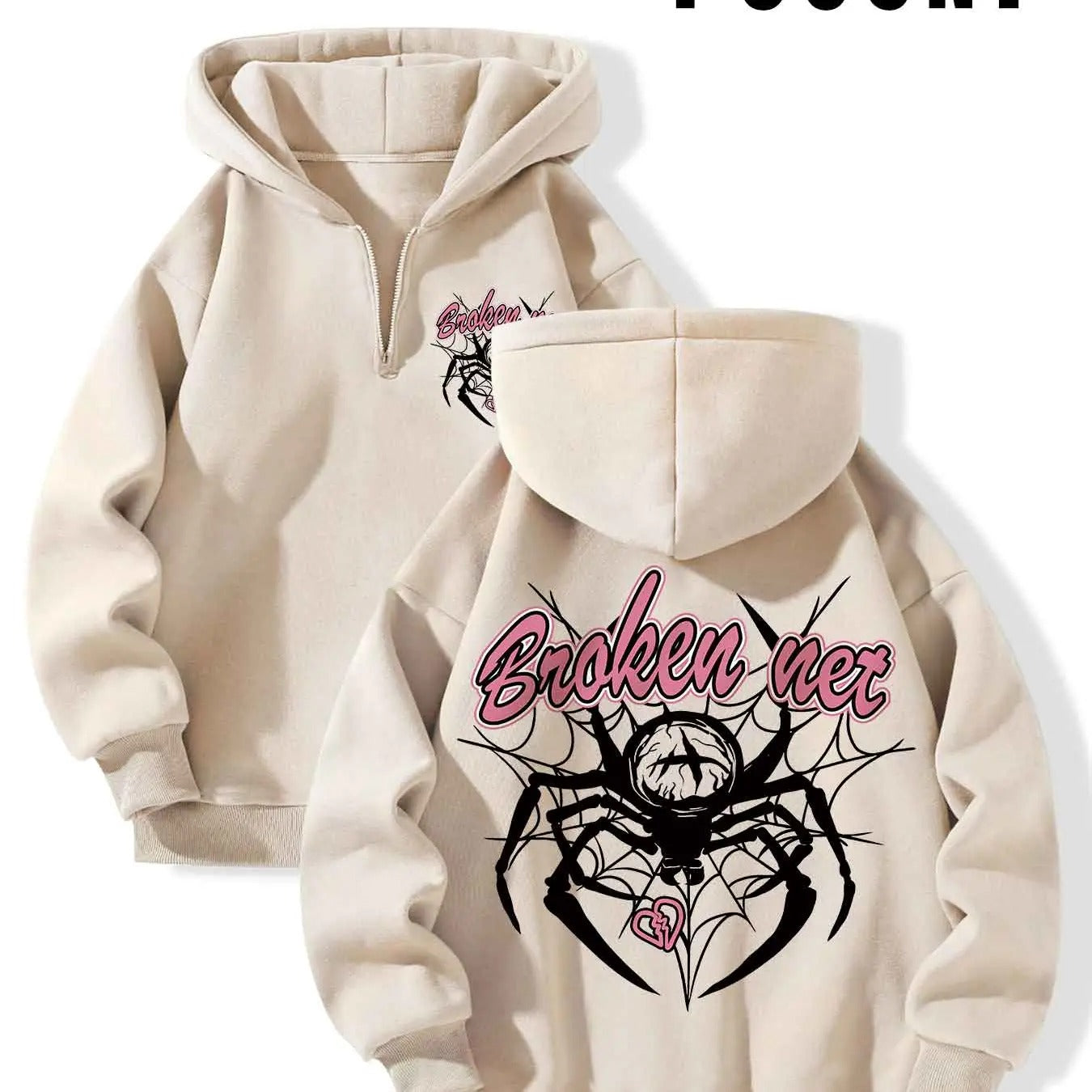 Women's Spider & Letter Print Zip Up Hoodie, Fashion Casual Drop Shoulder Long Sleeve Hooded Sweatshirt for Daily Outdoor...