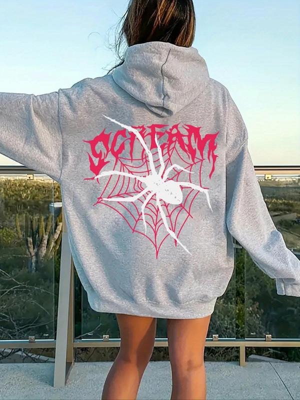 Women's Spider & Spider Web Print Drop Shoulder Hoodie, Fashion Casual Drawstring Pocket Hooded Sweatshirt for Daily...