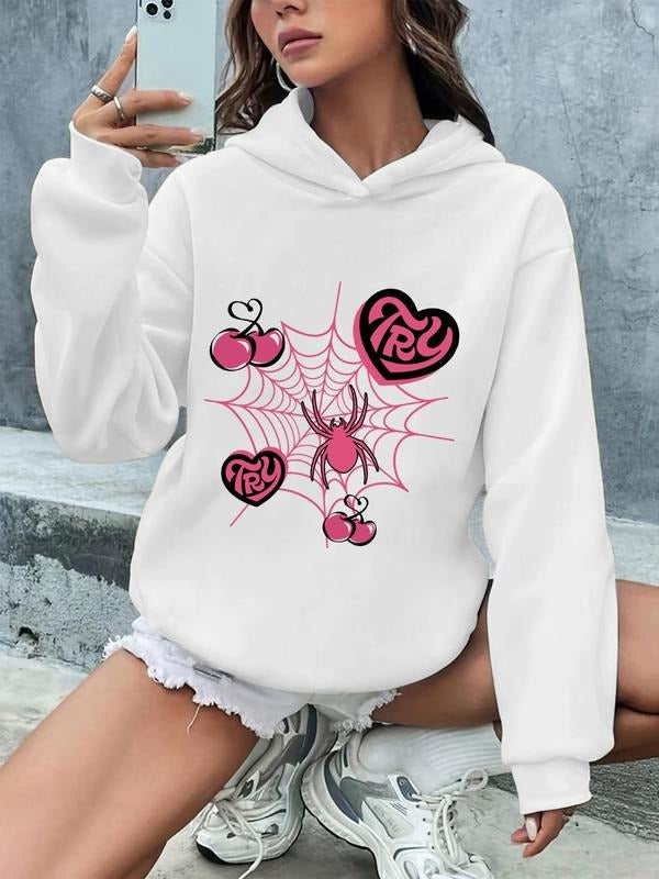 Women's Spider Graphic Drop Shoulder Hoodie, Street Long Sleeve Hooded Sweatshirt, Ladies Clothes for All Seasons T-Shirts