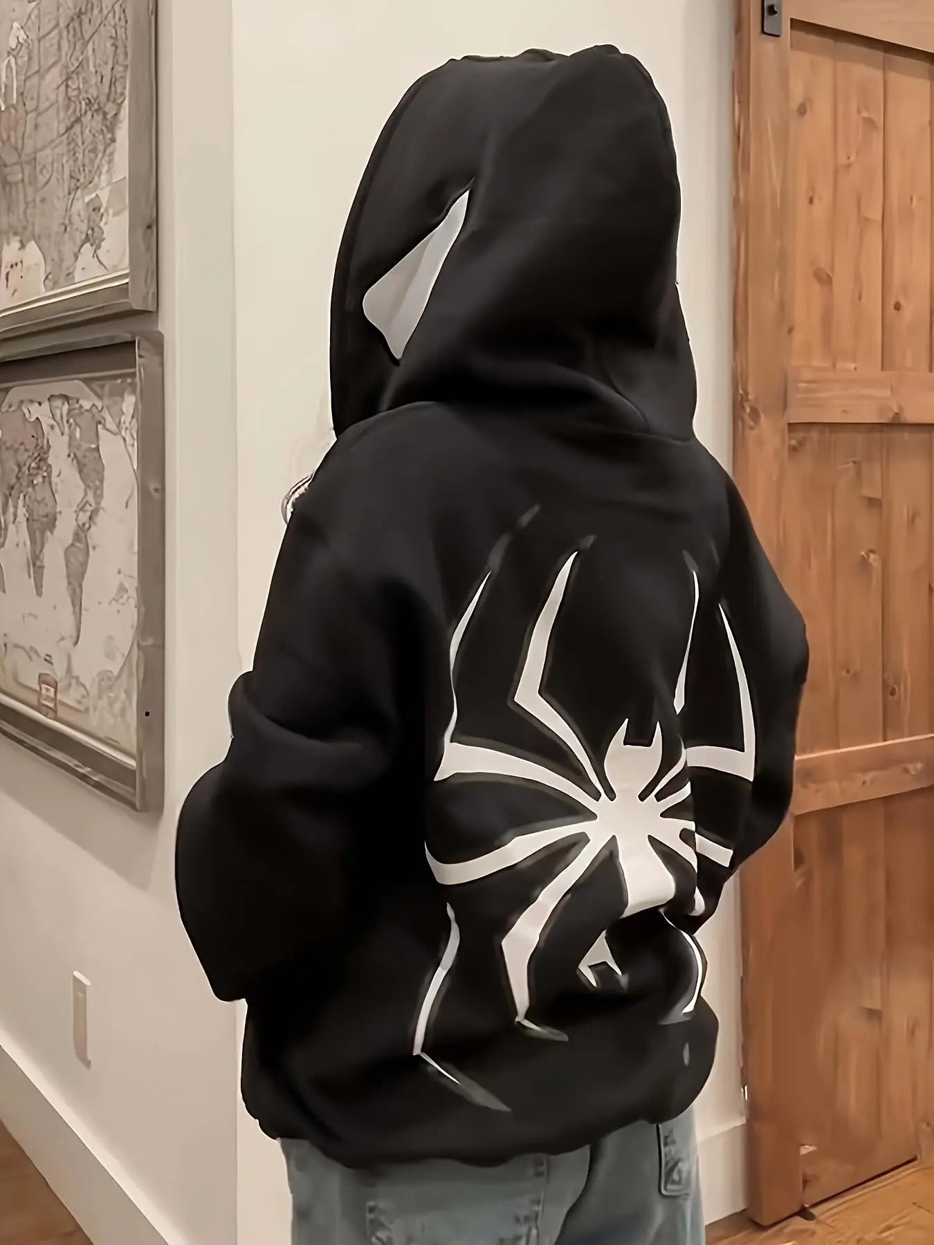 Women's Spider Print Drop Shoulder Hoodie, Fashion Casual Pocket Zipper Hooded Sweatshirt for Daily Holiday Outdoor Wear,...