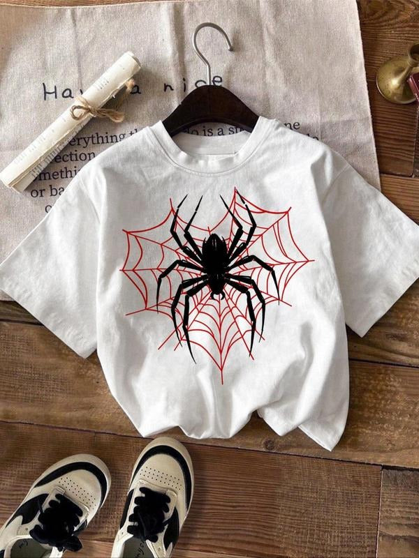 Spider Print Round Neck Casual Short Sleeve Daily Summer Clothes T-Shirts, Hoodie, Sweatshirt