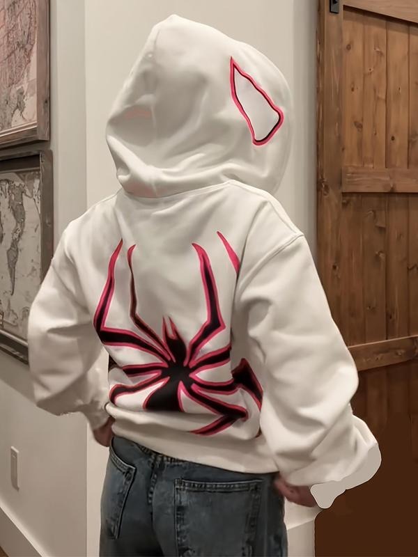 Women's Spider Print Zip Up Drop Shoulder Hoodie, Fashion Casual Halloween Letter Print Kangaroo Pocket Hooded Sweatshirt...