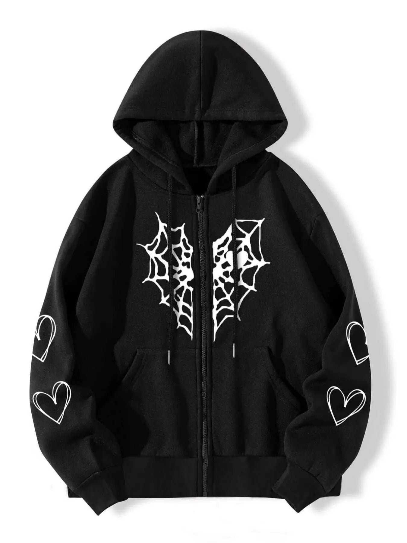 Women's Spider Web & Heart Print Zip Up Hoodie, Street Drawstring Pocket Hooded Sweatshirt for Daily Holiday Outdoor...