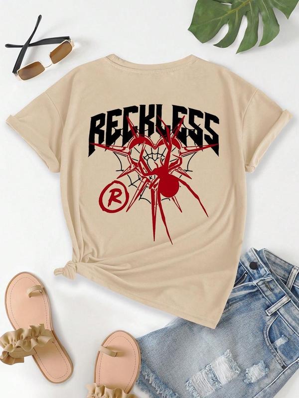 Women's Spider Web & Letter Graphic Drop Shoulder Tee, Fashion Casual Round Neck Short Sleeve T-Shirt for Daily Outdoor...