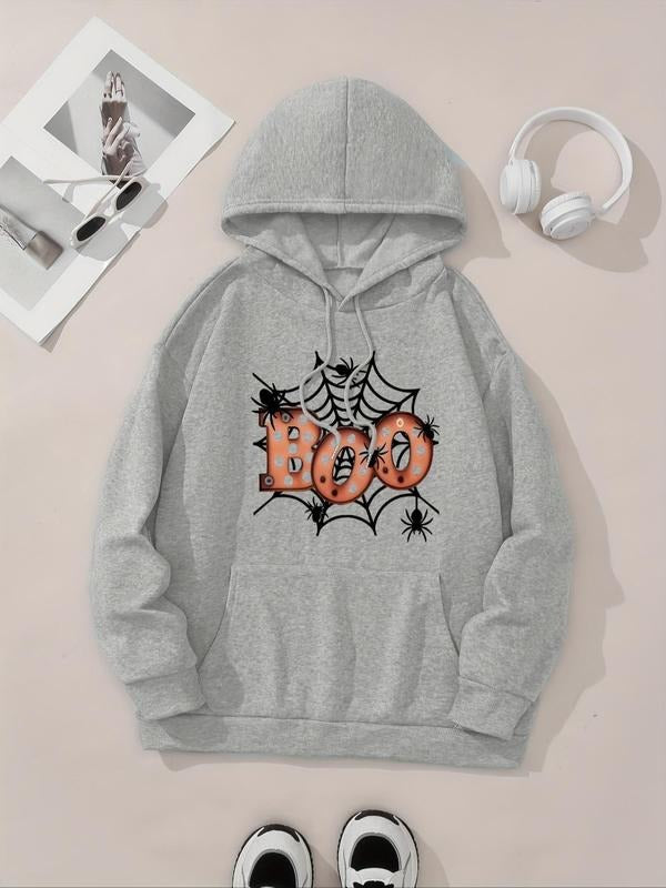 Women's Spider Web & Letter Print Drop Shoulder Hoodie, Fashion Casual Drawstring Pocket Hooded Sweatshirt for Daily...
